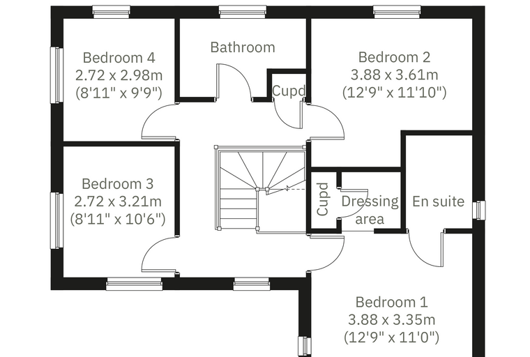 A floor plan of a house with four bedrooms, a bathroom, and a dressing area.