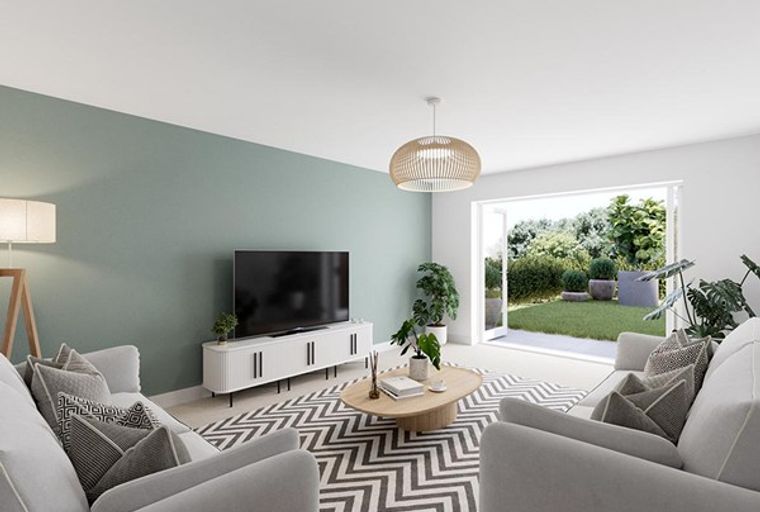 A living room with a television, media console, rug, coffee table, and a doorway leading to a garden.