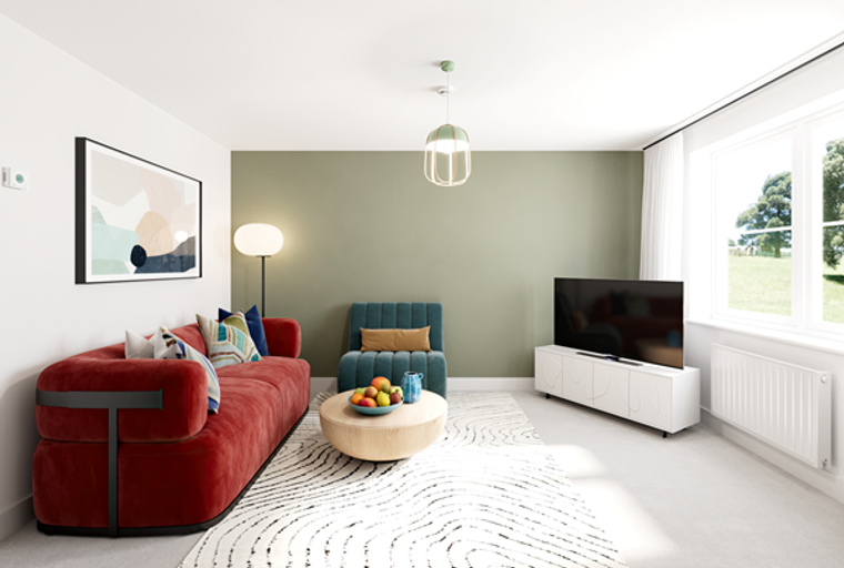 A living room with a red sofa, teal chair, coffee table, and a television.