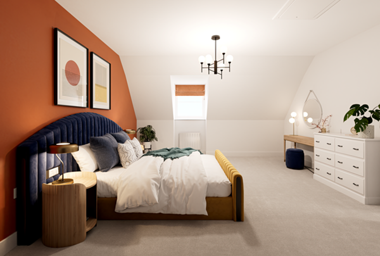 A bedroom with a bed, nightstand, dresser, and artwork.