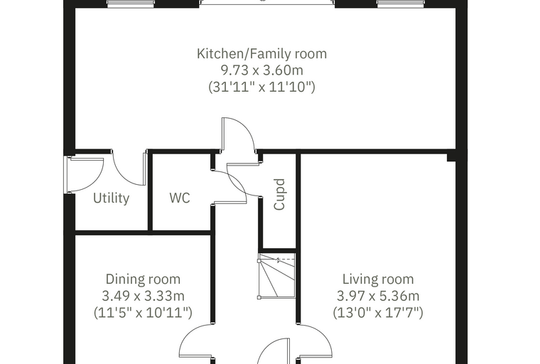 A floor plan showing a kitchen/family room, living room, dining room, utility, WC, and cupboard.