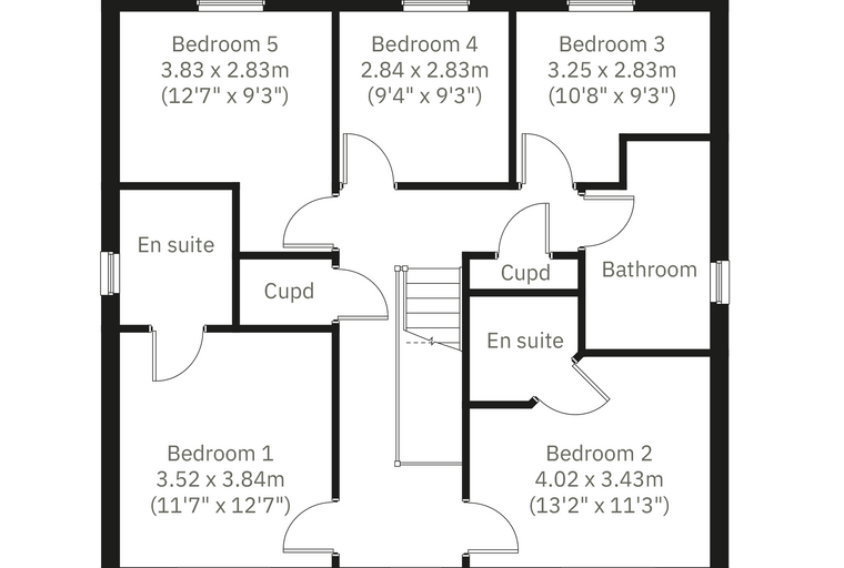 A floor plan of a house with five bedrooms, two en suites, a bathroom, and two cupboards.