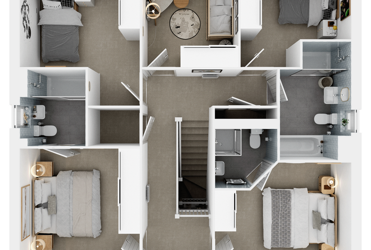 A floor plan of a house with multiple bedrooms and bathrooms.
