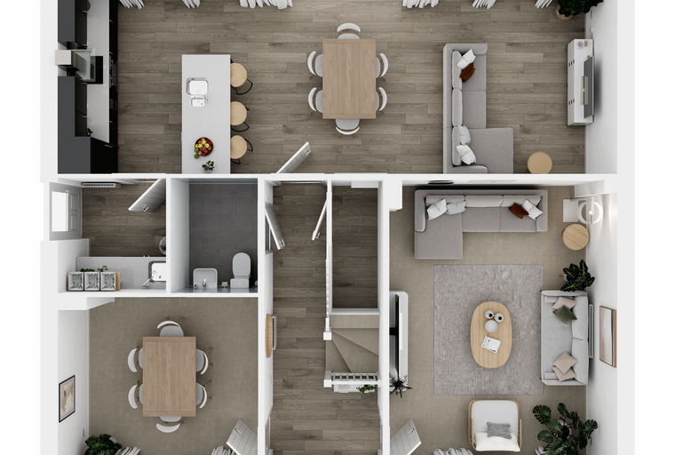 A top-down view of a modern house floor plan, showing living areas, kitchen, and dining spaces.