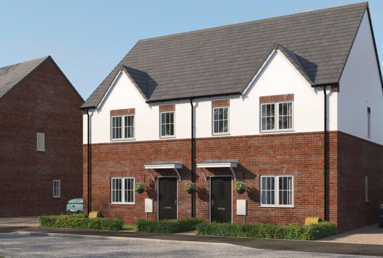 A pair of modern semi-detached houses with brick and white exteriors under a grey tiled roof.