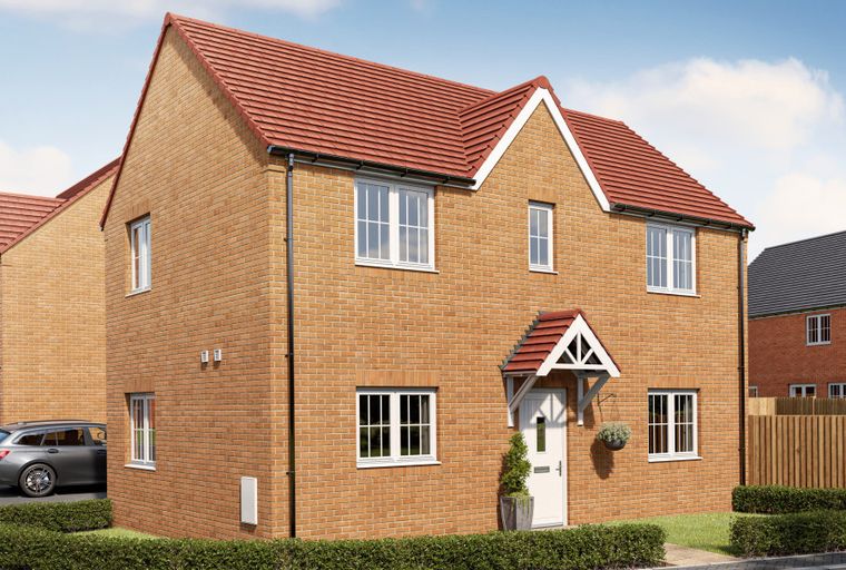 A brick house with a red tiled roof and white windows.