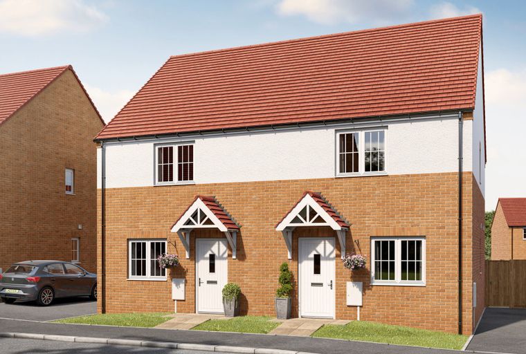 A row of new build semi-detached houses with brick lower walls and white upper walls, red tiled roofs, and white framed windows.