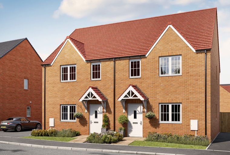 A pair of modern semi-detached houses with brick exteriors and red tiled roofs.