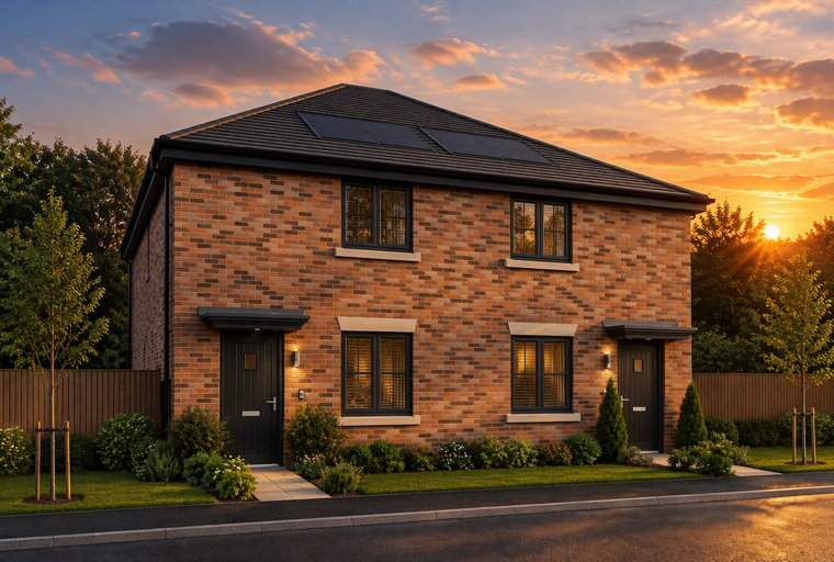 A brick-built semi-detached house with dark windows and doors, set against a sunset sky.