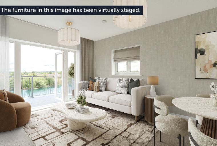 A living and dining area with a sofa, coffee table, dining set, and balcony doors.