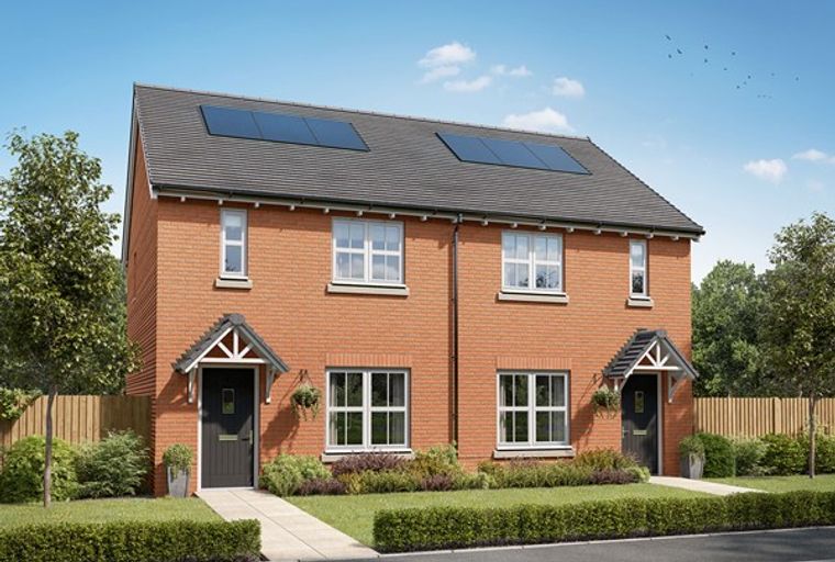 A pair of modern brick semi-detached houses with solar panels on the roof, set against a blue sky with some birds.
