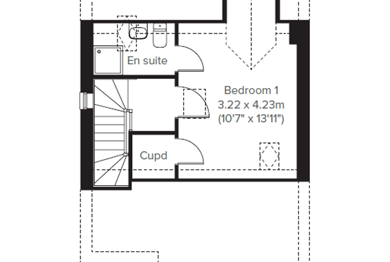 A floor plan showing a bedroom, an en-suite, a cupd, and a staircase.