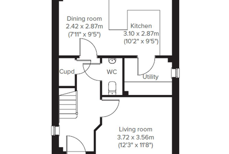 A floor plan of a house showing a living room, dining room, kitchen, WC, utility area, and stairs.
