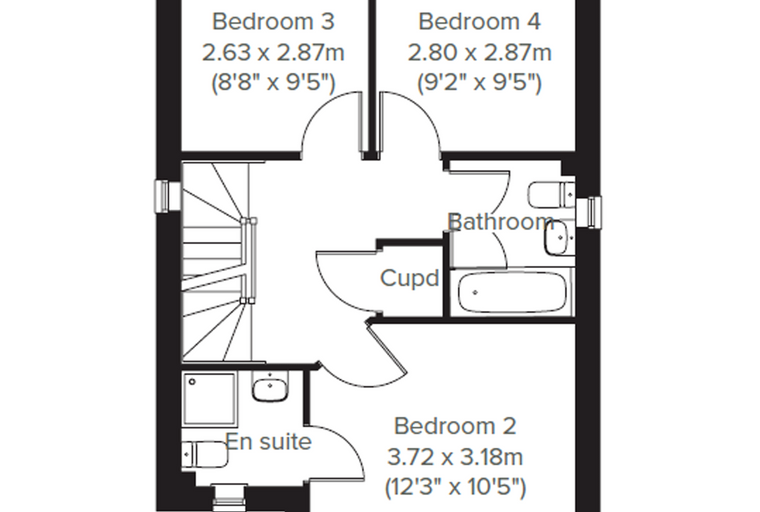 A floor plan showing four bedrooms, a bathroom, an en-suite, and a cupd.