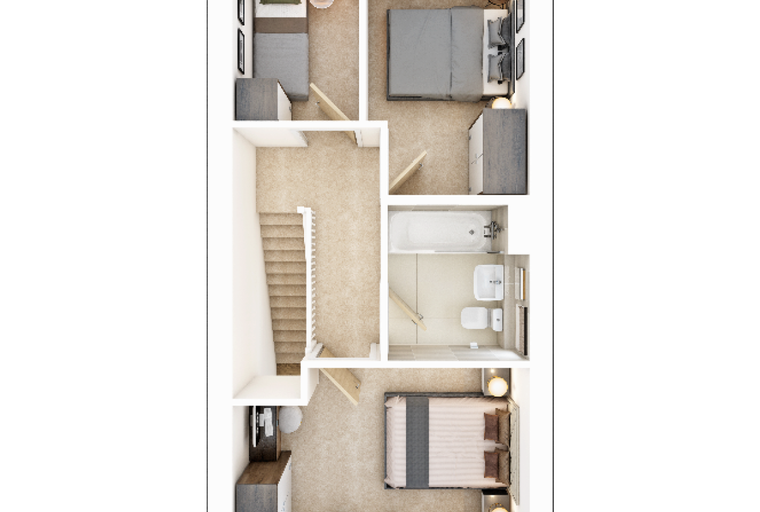 A floor plan of a multi-level home with three bedrooms and two bathrooms.
