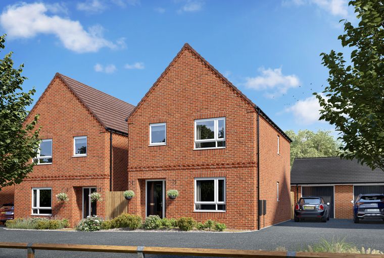 A red brick house with a pitched roof, multiple windows, a front door, and a driveway with two cars.