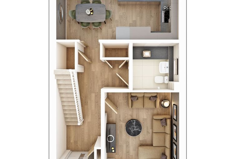 A 3D floor plan of a house interior, showing a living room, dining area, kitchen, and bathroom.