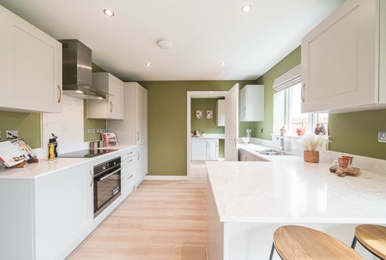 A modern kitchen with white cabinets, a green wall, and a kitchen island.