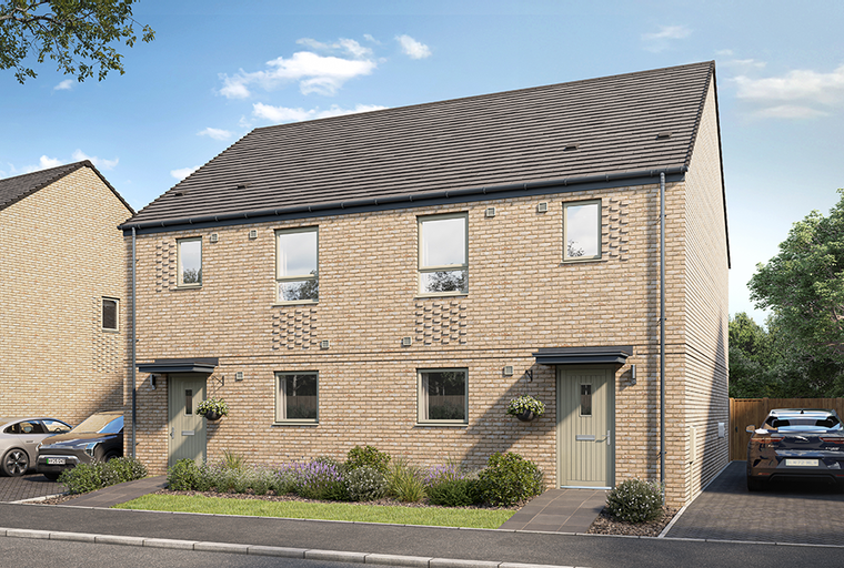 A modern semi-detached house with light brick exterior, multiple windows, and a front door with a canopy.