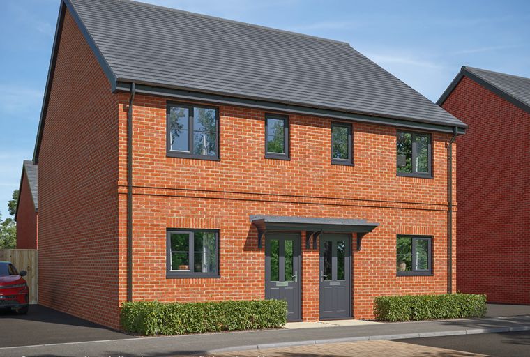 A red brick house with grey windows and doors.