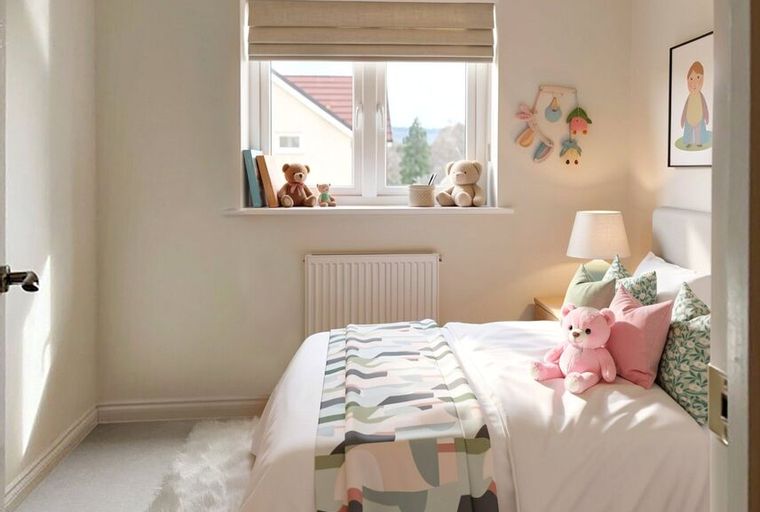 A bedroom with a bed, teddy bears, and a window.