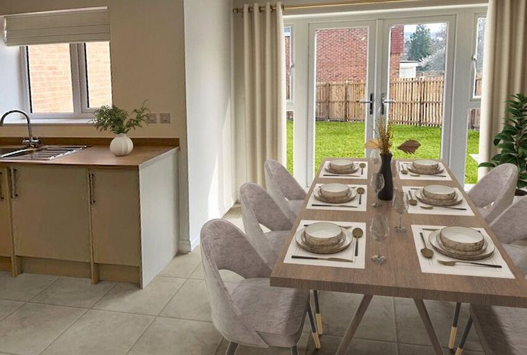 A dining room with a table set for six, chairs, and a view of a backyard through glass doors.