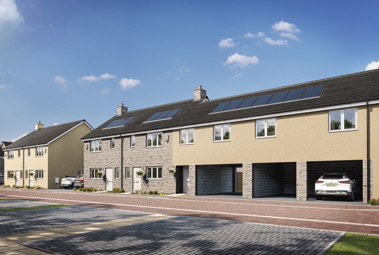 A row of modern townhouses with solar panels on the roof and carports.