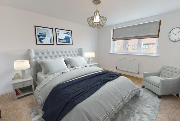A bedroom with a bed, two bedside tables, a chair, and artwork.