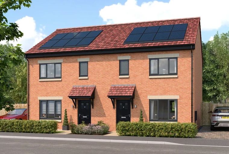 A brick semi-detached house with solar panels on the roof and a front garden.