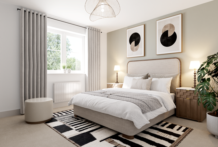 A bedroom with a bed, bedside tables, lamps, and artwork.