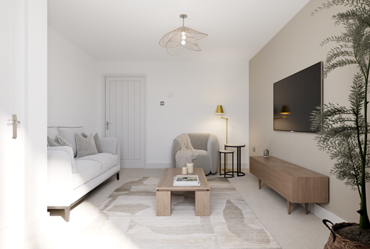 A living room with a sofa, armchair, coffee table, and television.