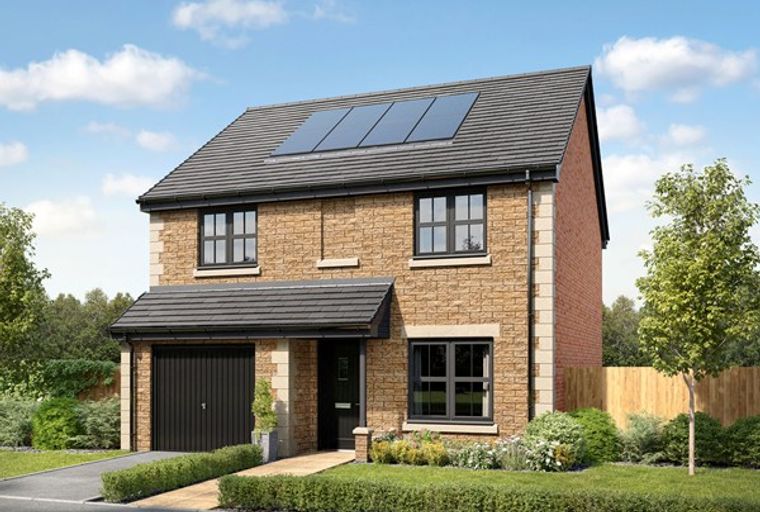 A two-story house with a brick exterior, garage, and solar panels on the roof.