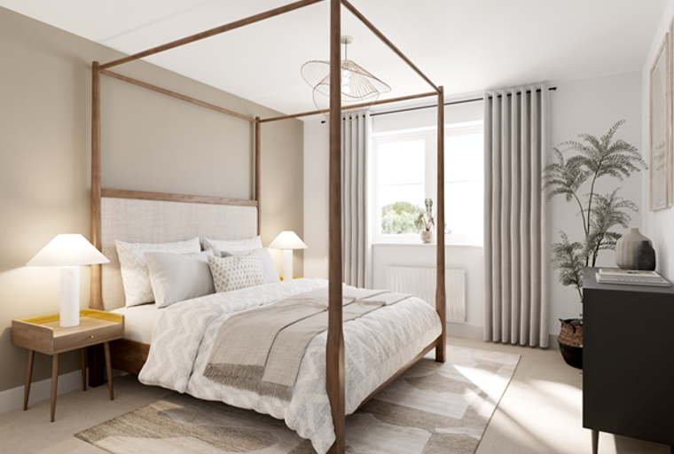 A bedroom with a four-poster bed, bedside tables, and a dresser.