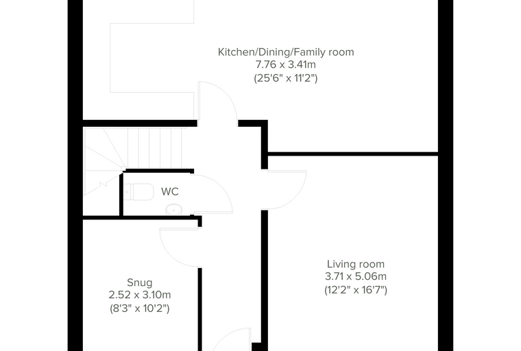 A floor plan showing a house layout with a kitchen/dining/family room, living room, snug, and WC.