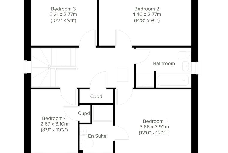 A floor plan of a house with four bedrooms, a bathroom, and an en-suite.