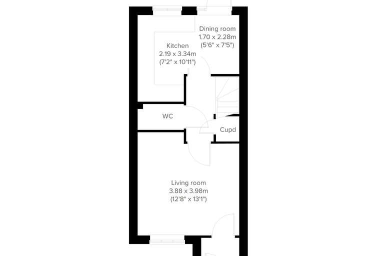A floor plan of a house showing a living room, kitchen, dining room, WC, and a cupboard.