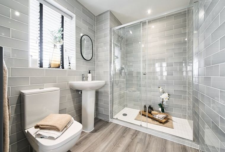 A bathroom with a toilet, sink, and a walk-in shower.