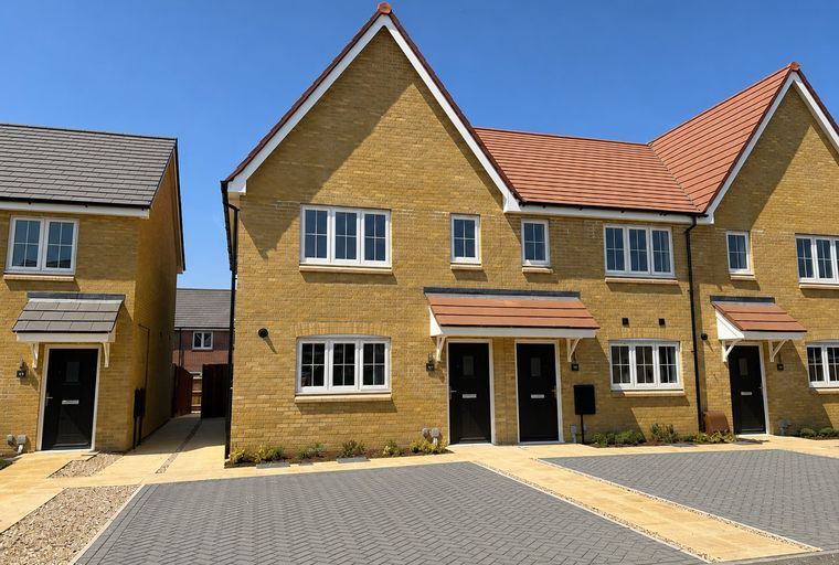 A row of yellow brick townhouses with red tile roofs and black front doors under a clear blue sky.