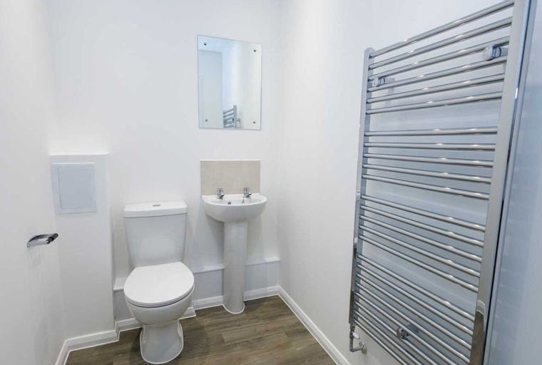 A bathroom with a toilet, a sink, a mirror, and a towel warmer.
