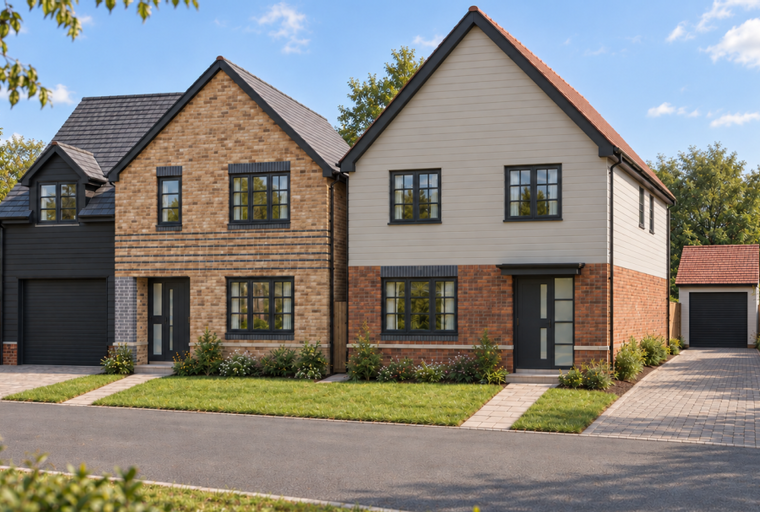 A row of modern houses with brick and cladding exteriors, dark windows, and garages.