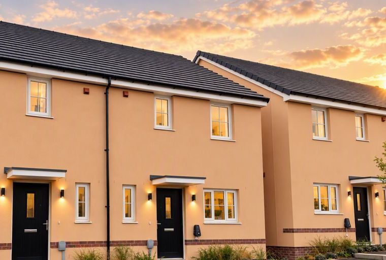 A row of modern houses with peach exteriors and black doors under a cloudy sky.