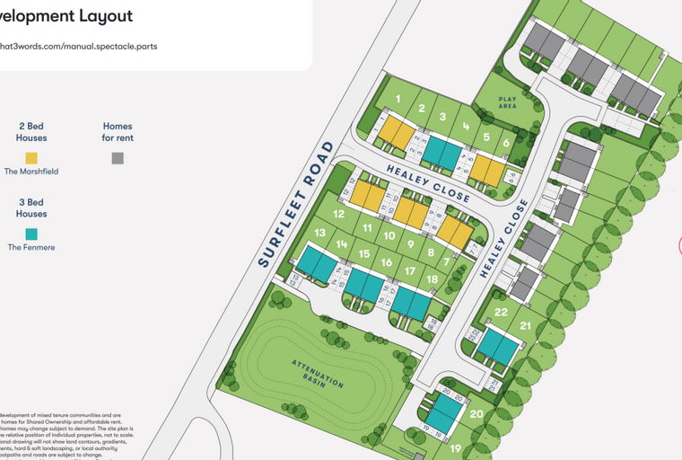 A site plan of a housing development showing numbered properties along Healey Close and Surfleet Road, with a play area and attenuation basin.