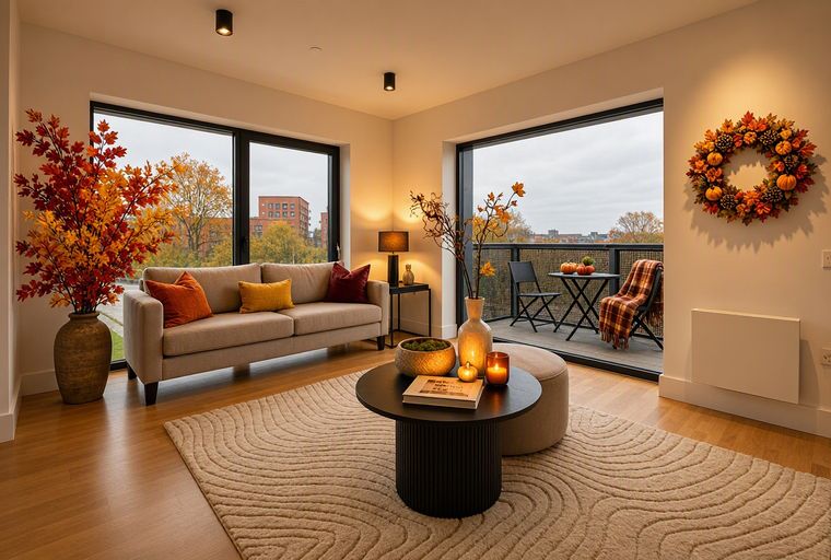 A living room decorated for autumn with a sofa, coffee table, and balcony.