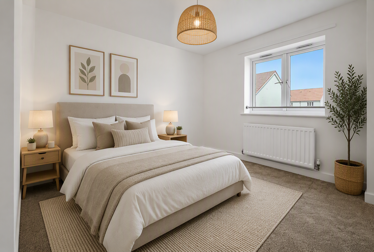 A bedroom with a bed, bedside tables, lamps, framed art, and a window.