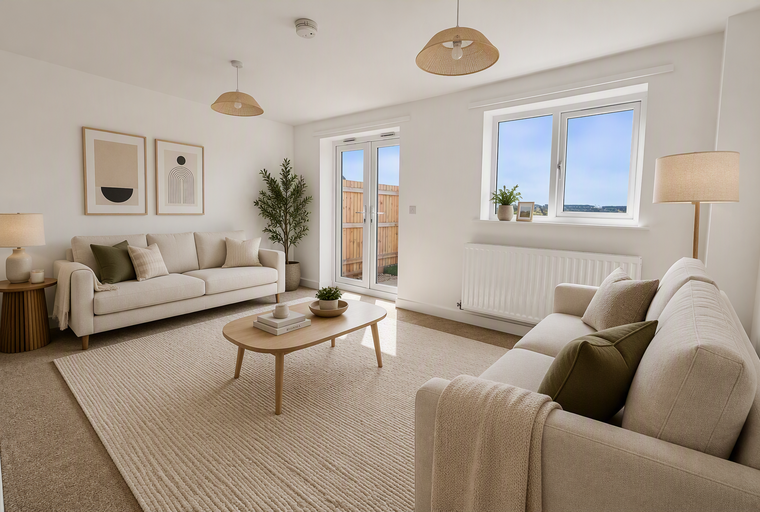 A living room with two sofas, a coffee table, and a rug.
