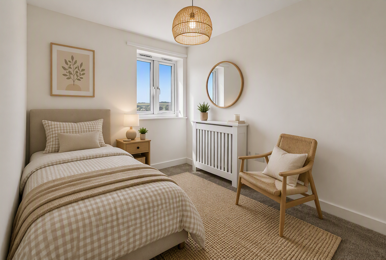 A bedroom with a single bed, a nightstand, a chair, a radiator, a mirror, and a window.