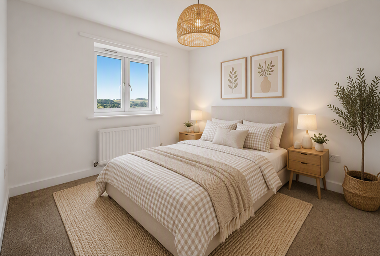 A bedroom with a bed, nightstands, a window, and artwork.
