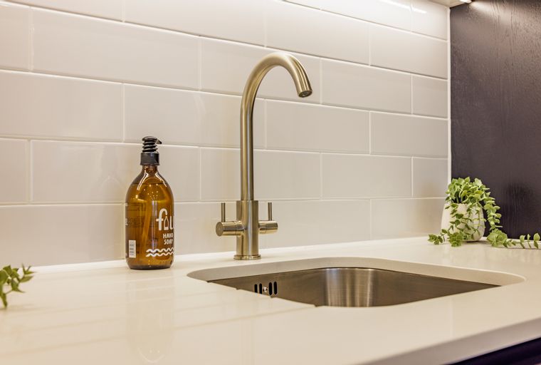A kitchen sink area with a faucet, hand soap, and a plant.