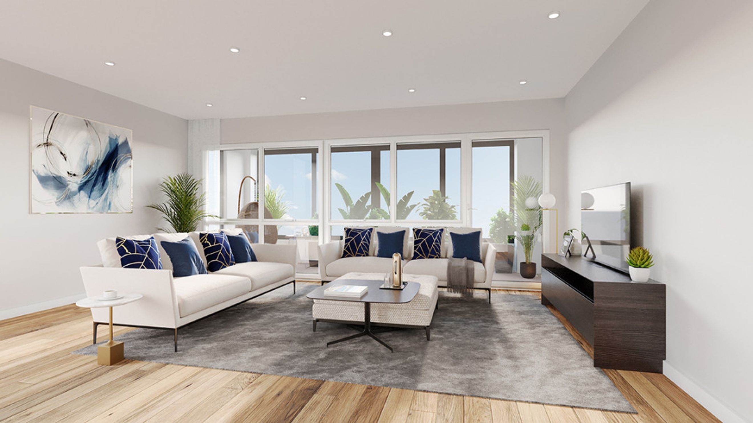 A living room with a sectional sofa, coffee table, and a television.