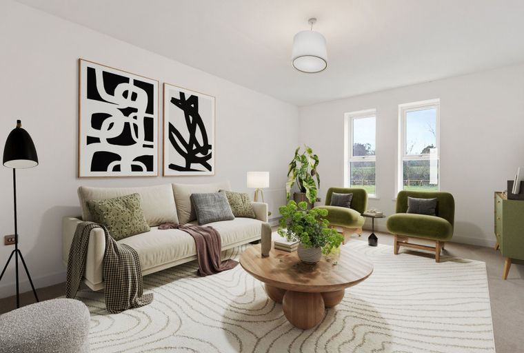 A living room with a sofa, coffee table, chairs, and artwork.